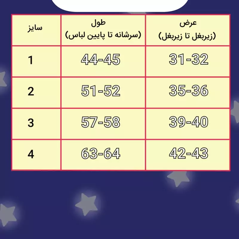 جدول سایزبندی