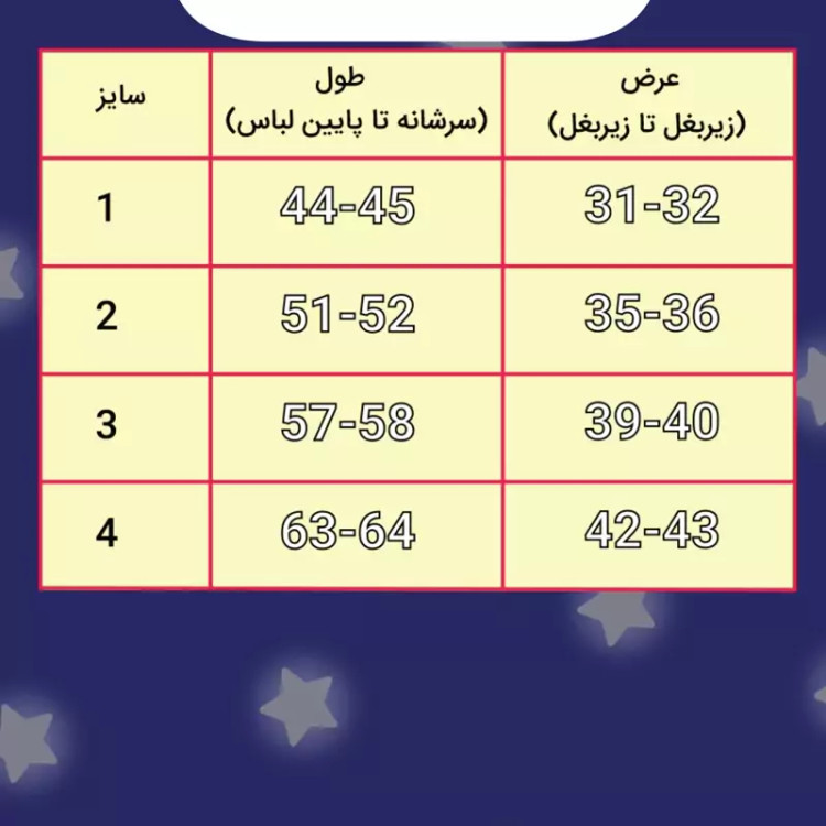 جدول سایزبندی