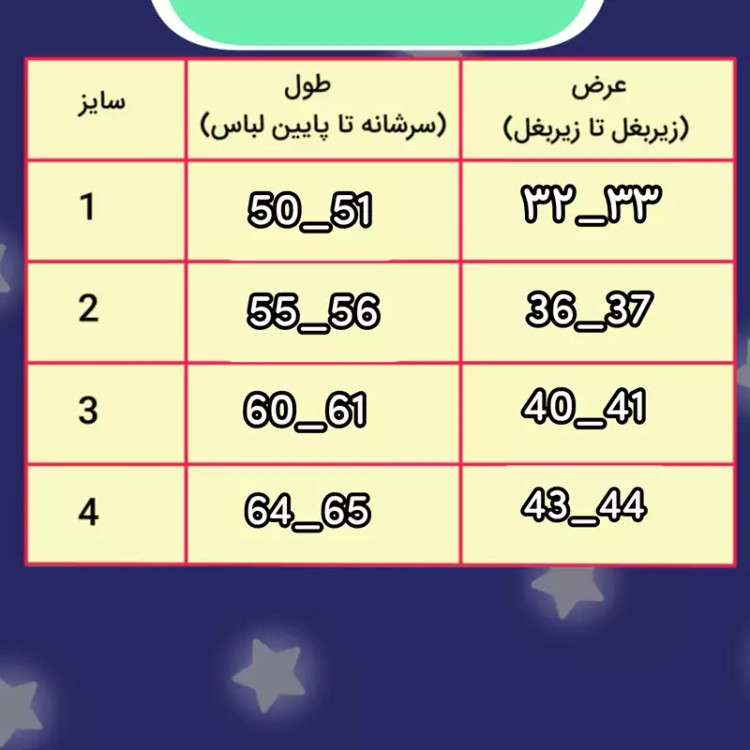 جدول سایزبندی