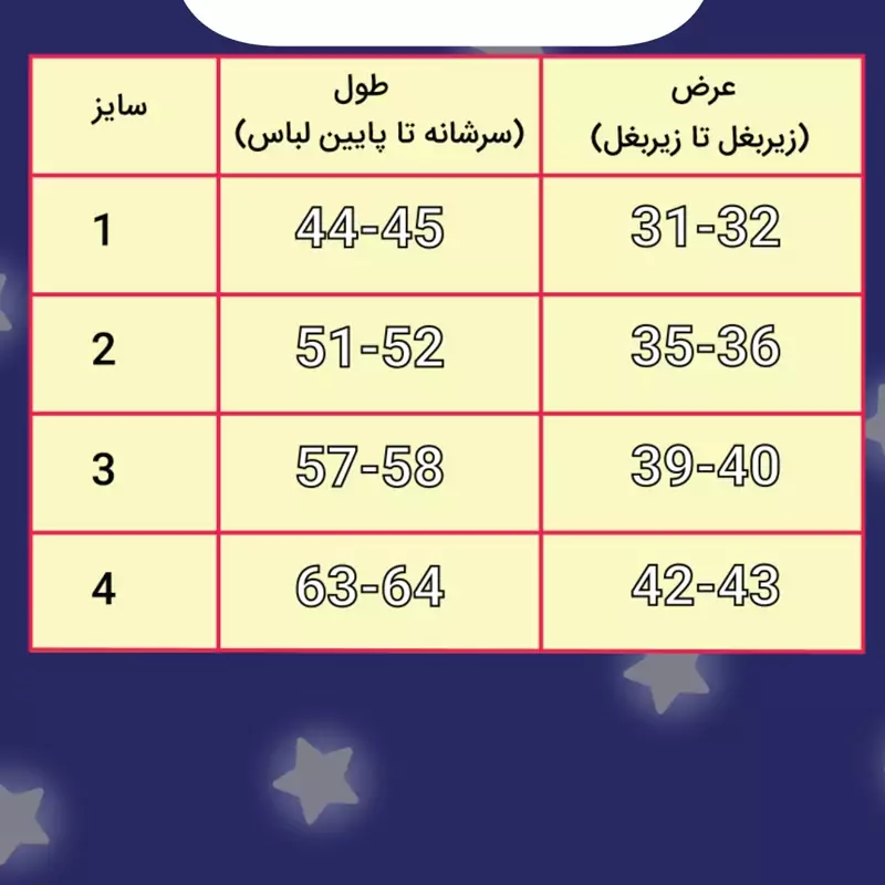 جدول سایزبندی