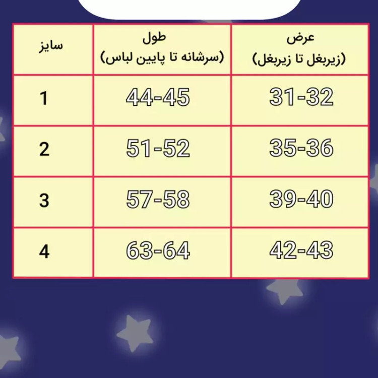 جدول سایزبندی