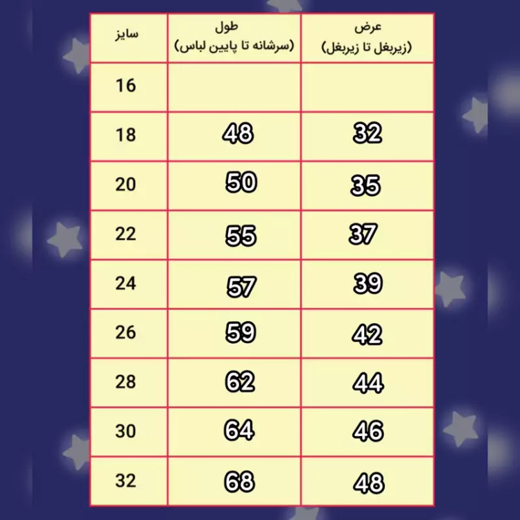 جدول سایزبندی