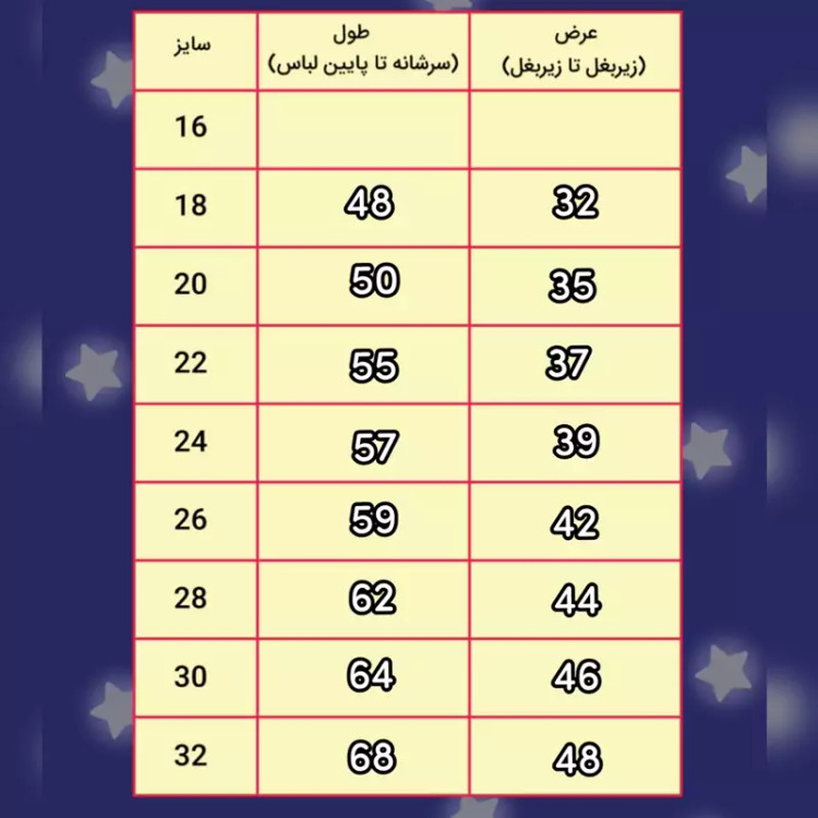 جدول سایزبندی