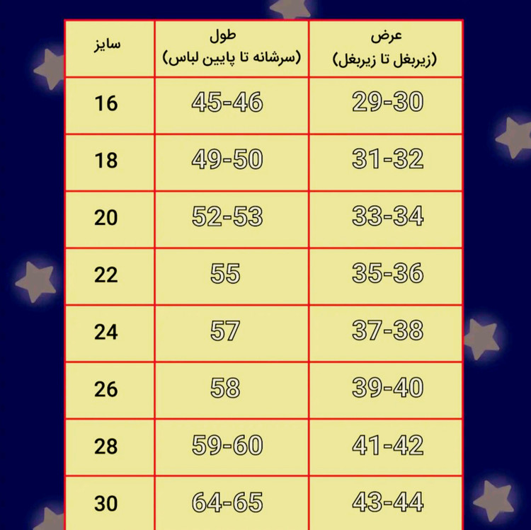 جدول سایزبندی