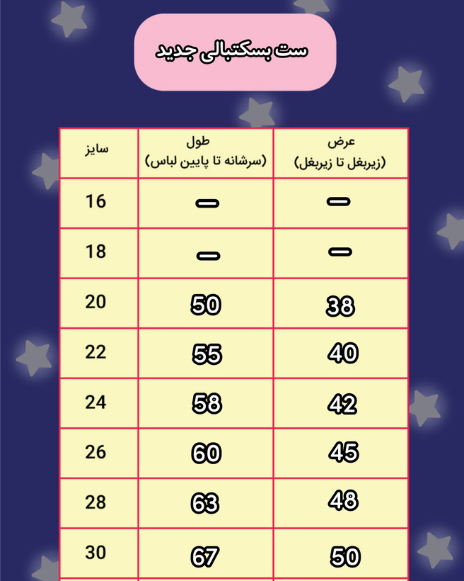 جدول سایزبندی